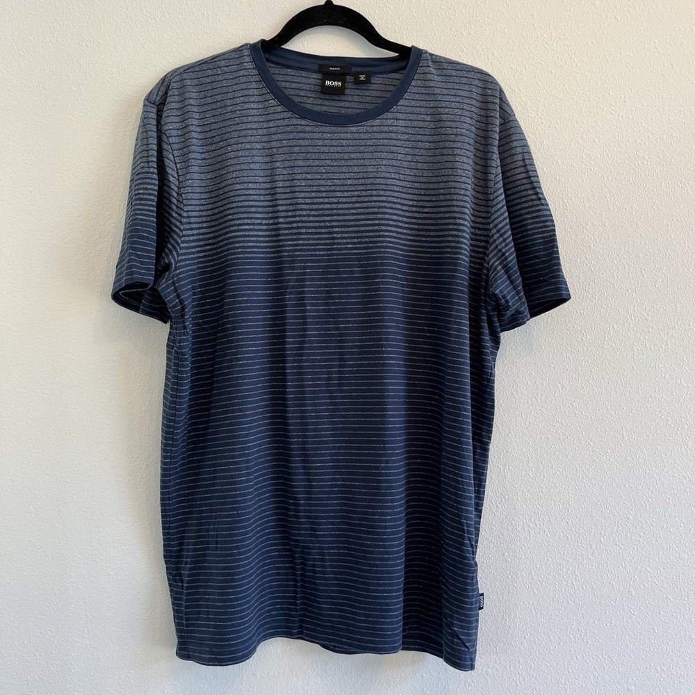 Boss Hugo Boss Men's Tshirt Blue Faded  Striped Long Slim Fit Sz XL